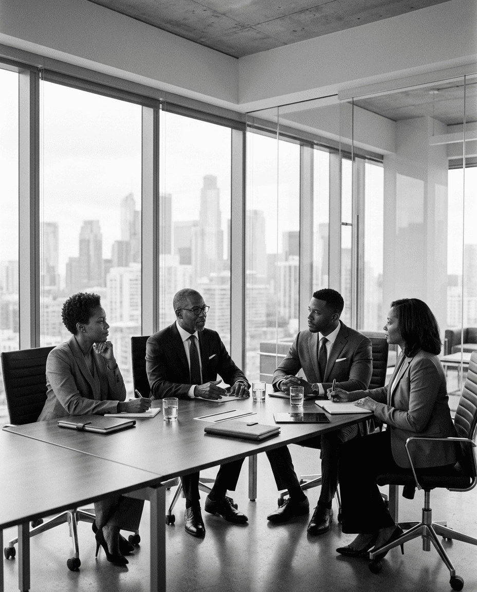 Executive team meeting in a modern glass office
